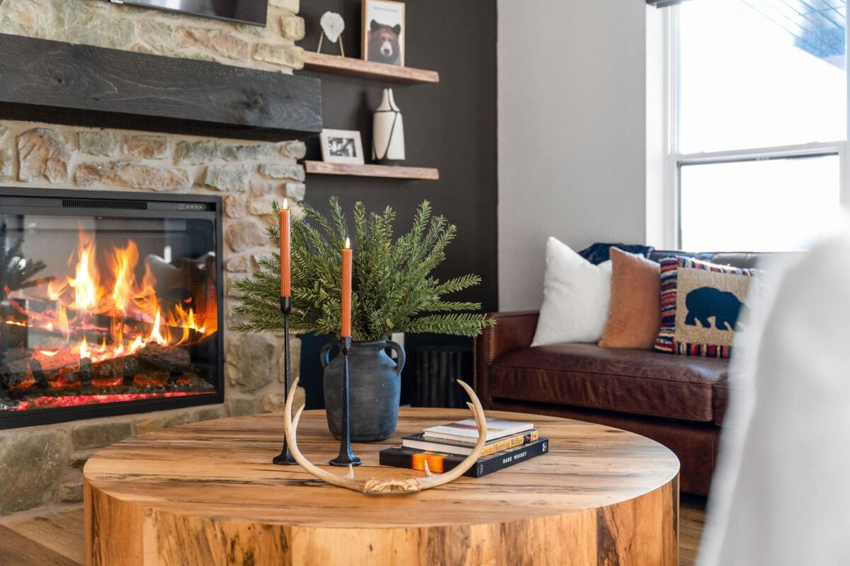 The decorated living room of a rental space.
