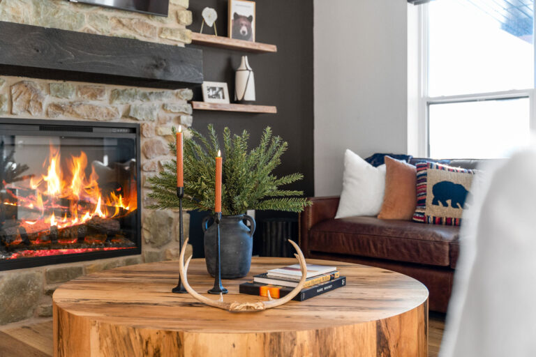 The decorated living room of a rental space.