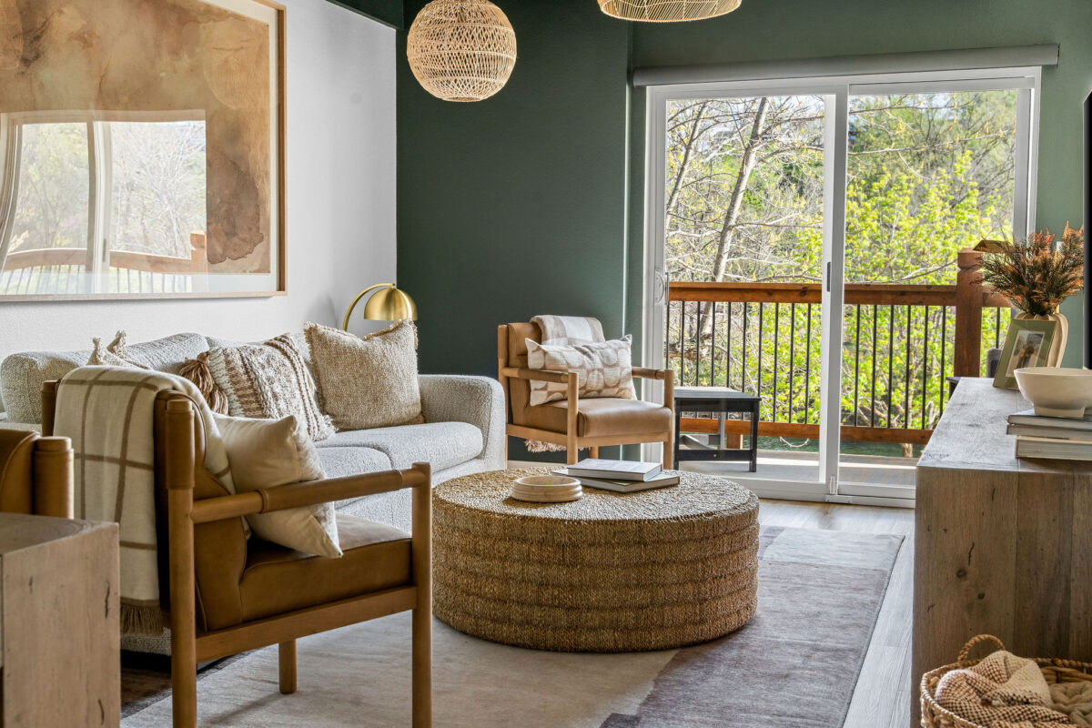 The decorated living room of a rental space.