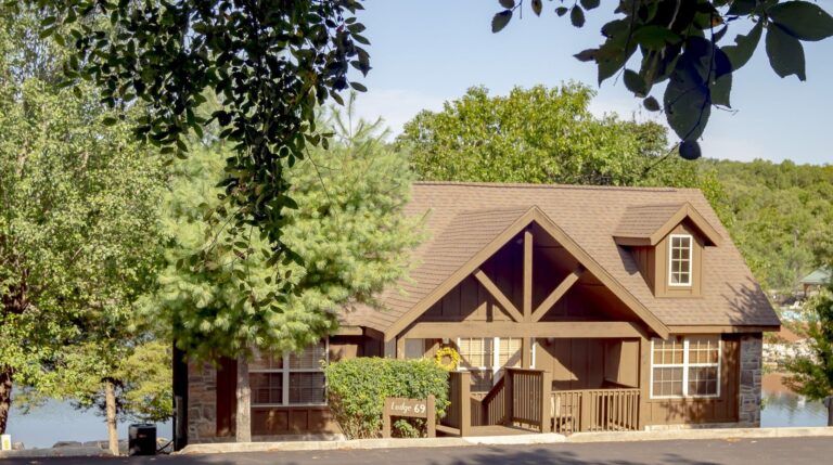 The exterior of a rustic resort.