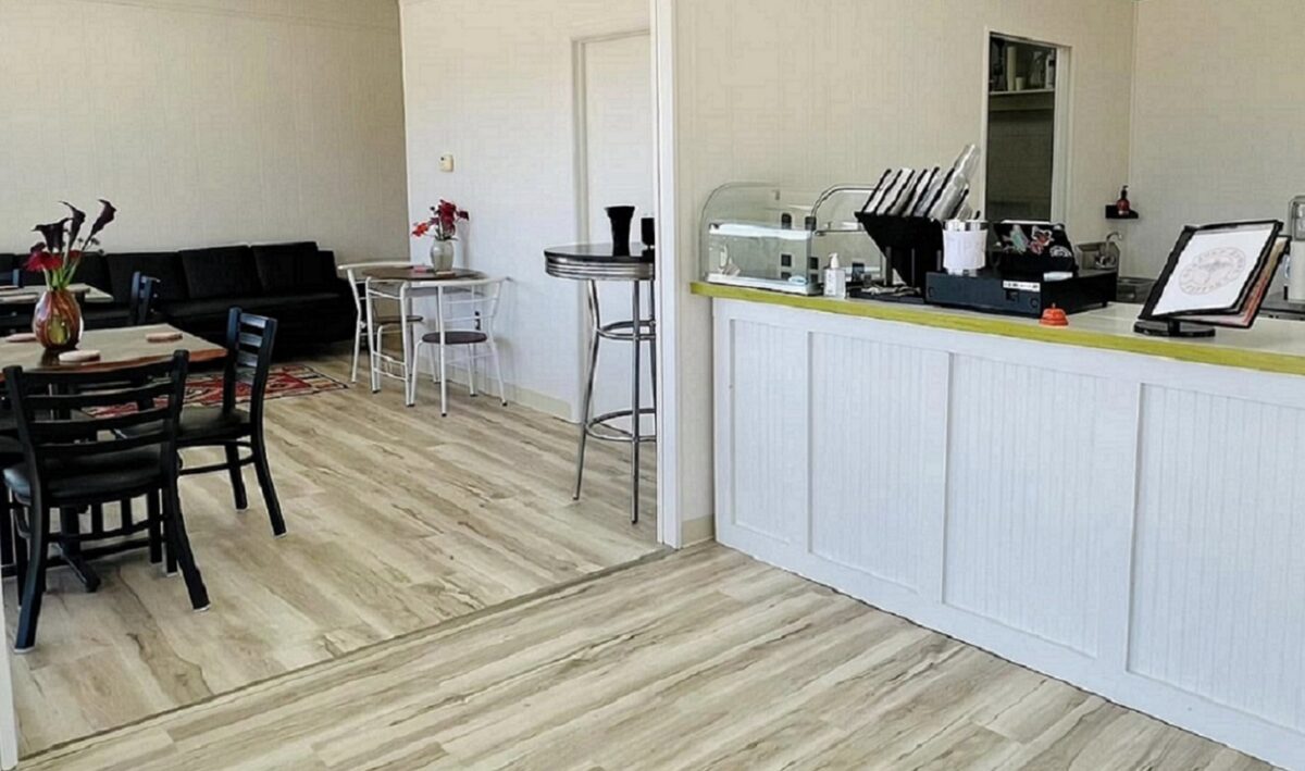 Wooden flooring and counter space.