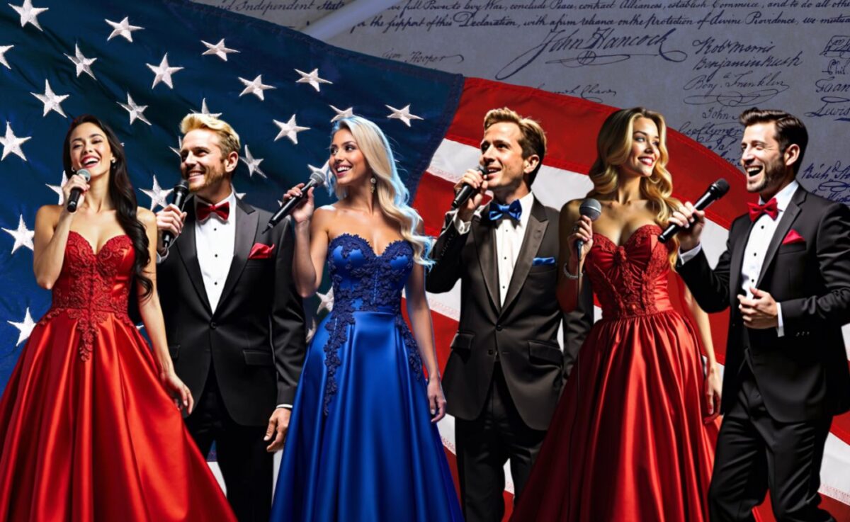 Several performers in red, white and blue dress sing in front of an image of the American flag.