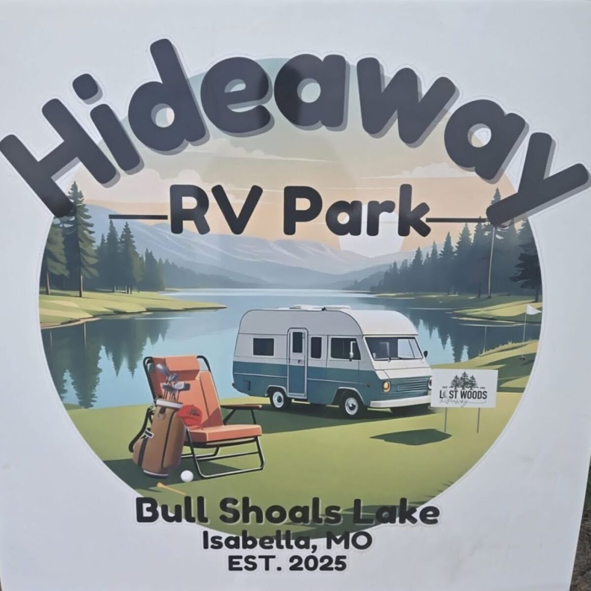 A logo for Hideaway RV Park, featuring an image of an RV and chair by the water.