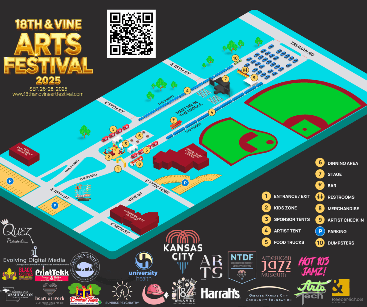 18th & Vine Arts Festival 2025 map of Kansas City’s Jazz District with entrances, kids zone, sponsor tents, artist tents, food trucks, dining areas, stages, bars, restrooms, merchandise booths, artist check-in, parking, and dumpsters marked.