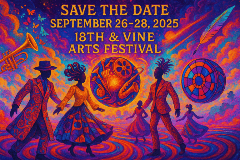 18th & Vine Arts Festival 2025 flyer promoting Kansas City’s three-day celebration of art, music, film, food, and fashion in the historic Jazz District.