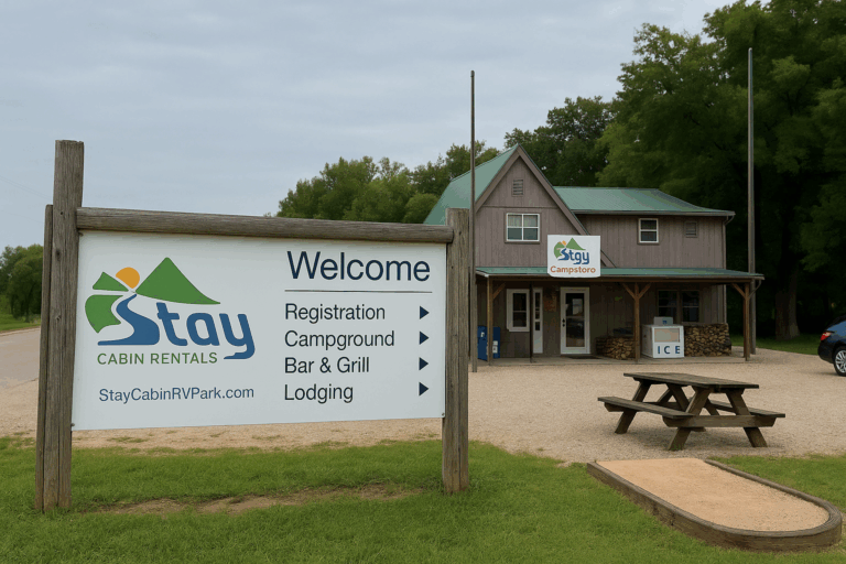 A large sign outside a building and next to a picnic table that reads "Stay Cabin Rentals. Welcome: registration, campground, bar & grill, lodging.