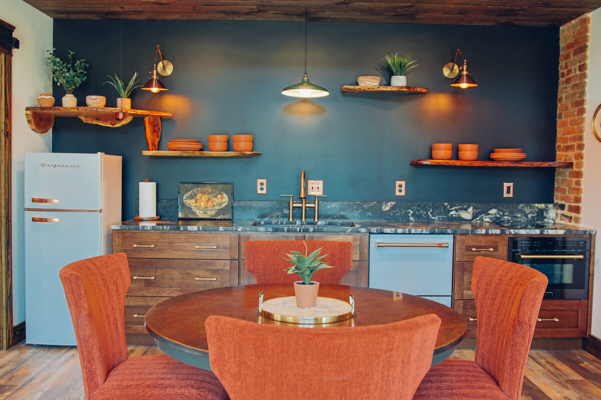 Kitchen-red chairs-kitchen table-kitchen appliances