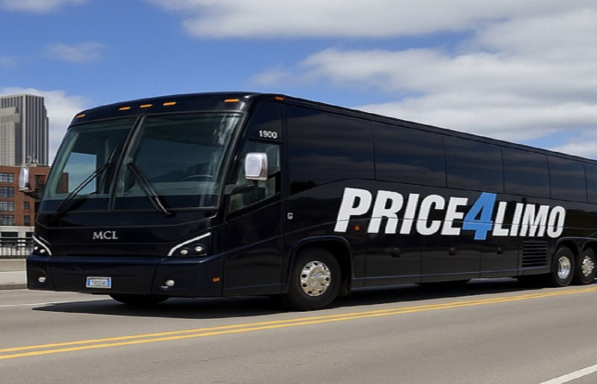 A large black bus with text across the side in white and blue reading "Price 4 Limo" on the road.