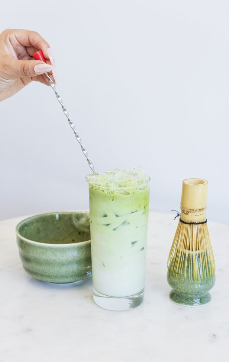 A glass of matcha and kit.