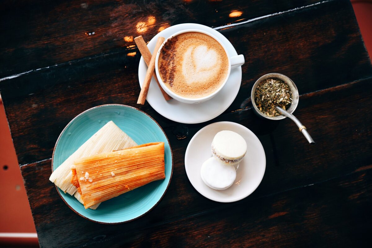 Food and drink on a table.