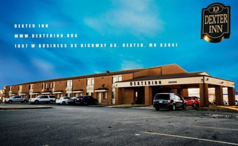 A photo of a hotel with text reading "Dexter Inn, www.dexterinn.org, 1807 W. Business U.S. Highway 60, Dexter, MO 63841