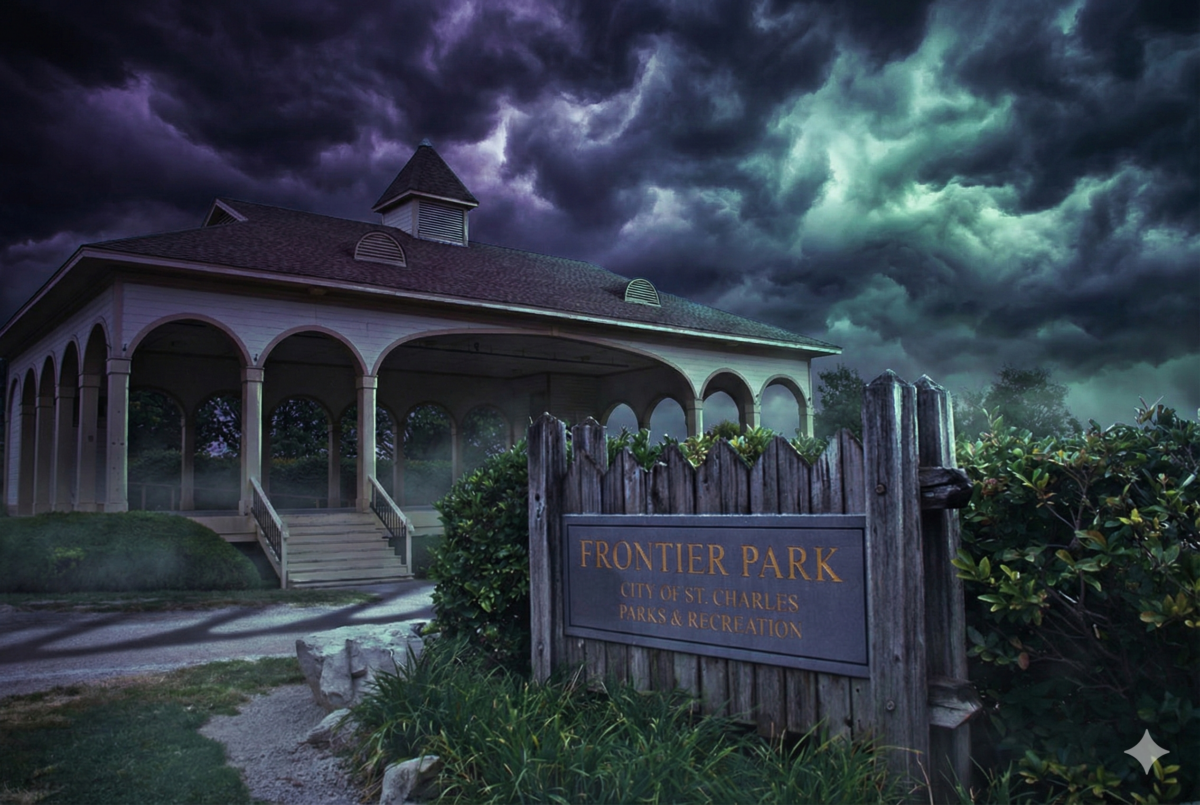 The exterior of a building with a sign out front identifying it as Frontier Park.