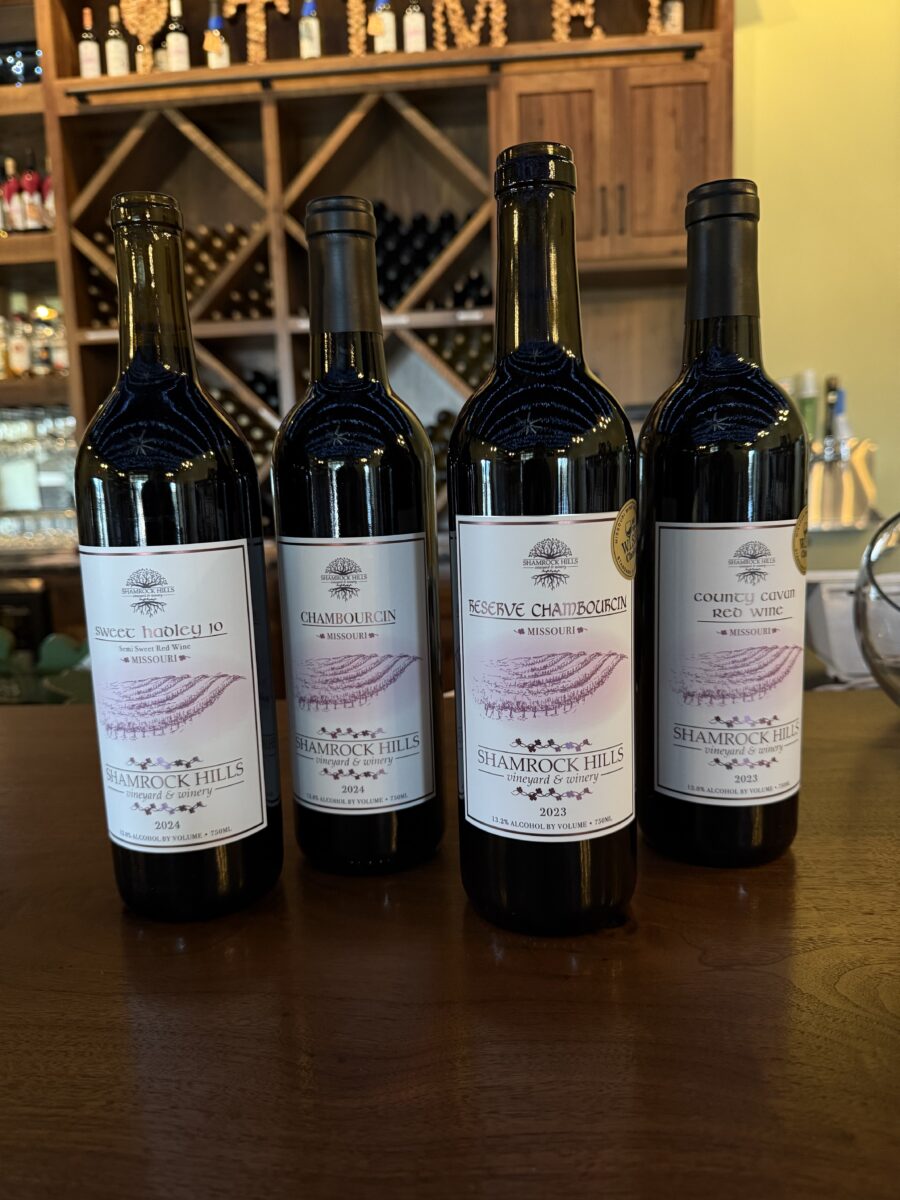 Four wines on a table in front of a wine shelf.