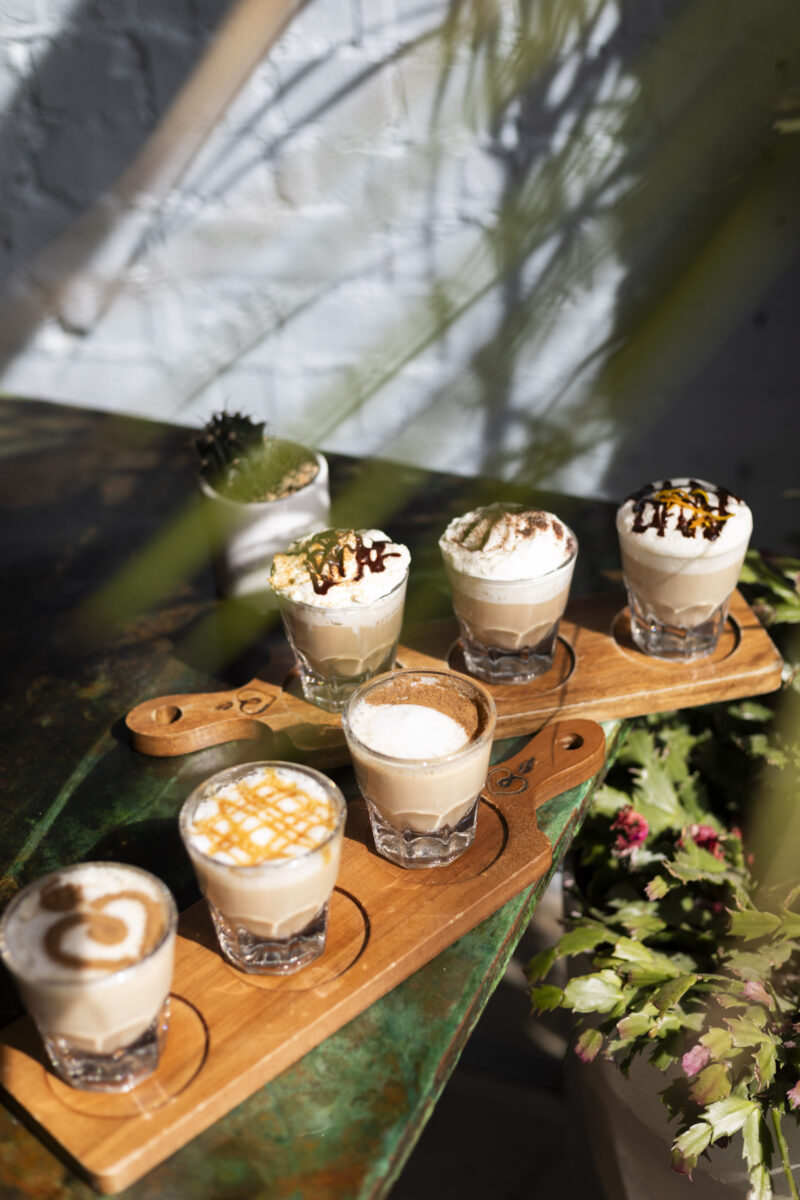 Two flights of coffee drinks.