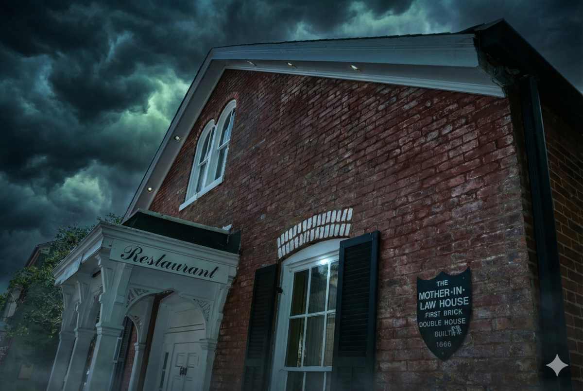 The exterior of a brick building, labeled The Mother-In-Law House, at night.