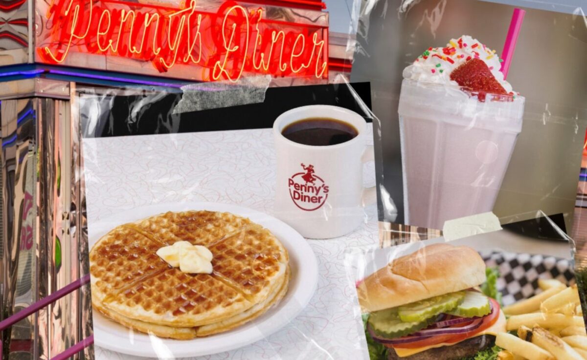 A waffle, coffee, milkshake and burger and fries.