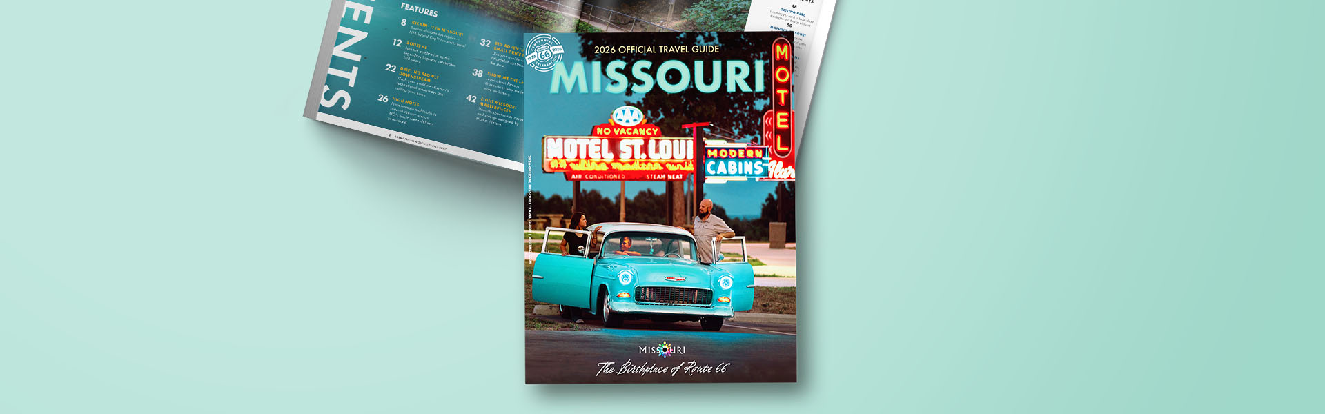 photo of the Missouri travel guide on a teal background