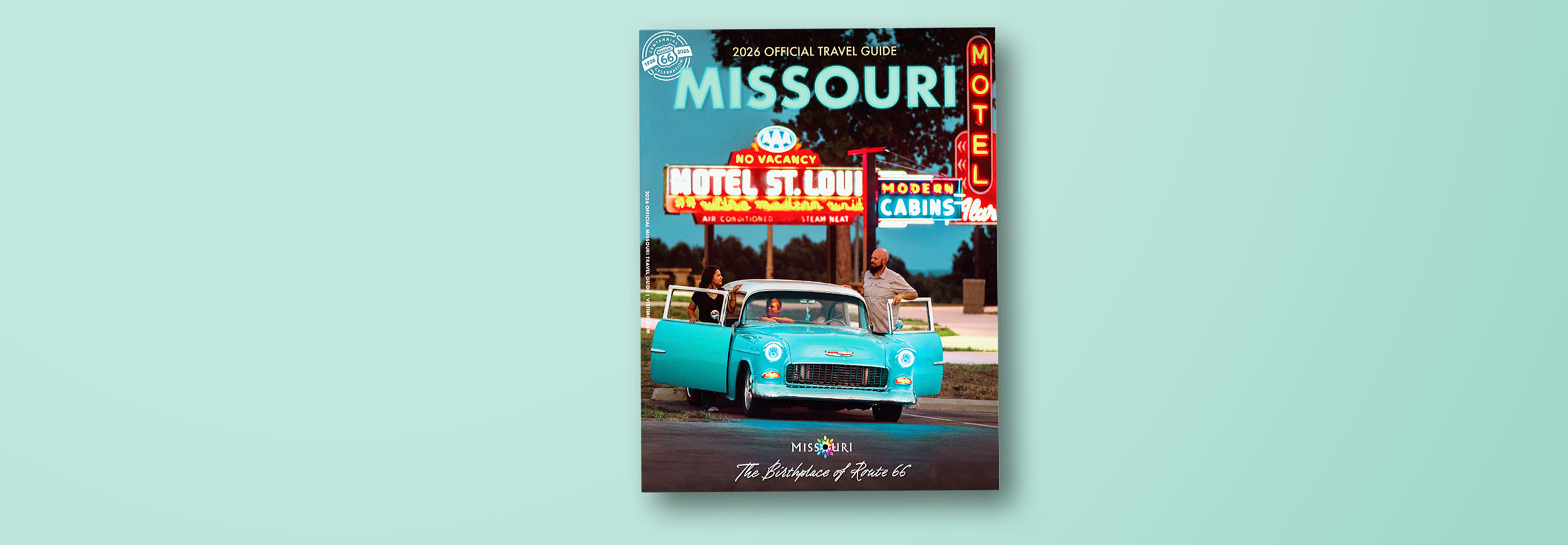 photo of the Missouri travel guide on a teal background