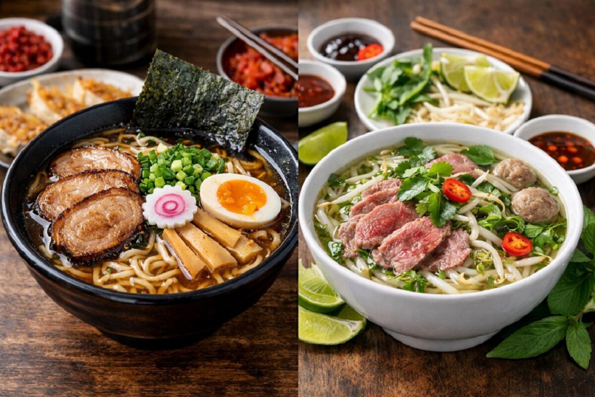 Two photos of ramen bowls side by side.