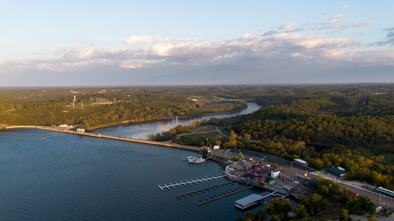 Am aerial shot of the Bagnell Dam at the Lake of the Ozarks.