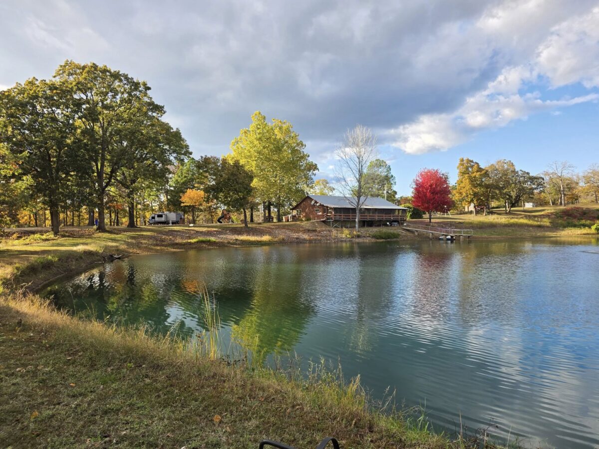 Water with a cabin and trees in the background.