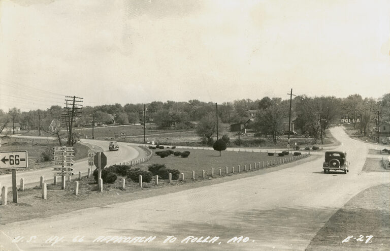 An antique photo of the road into Rolla, Missouri.