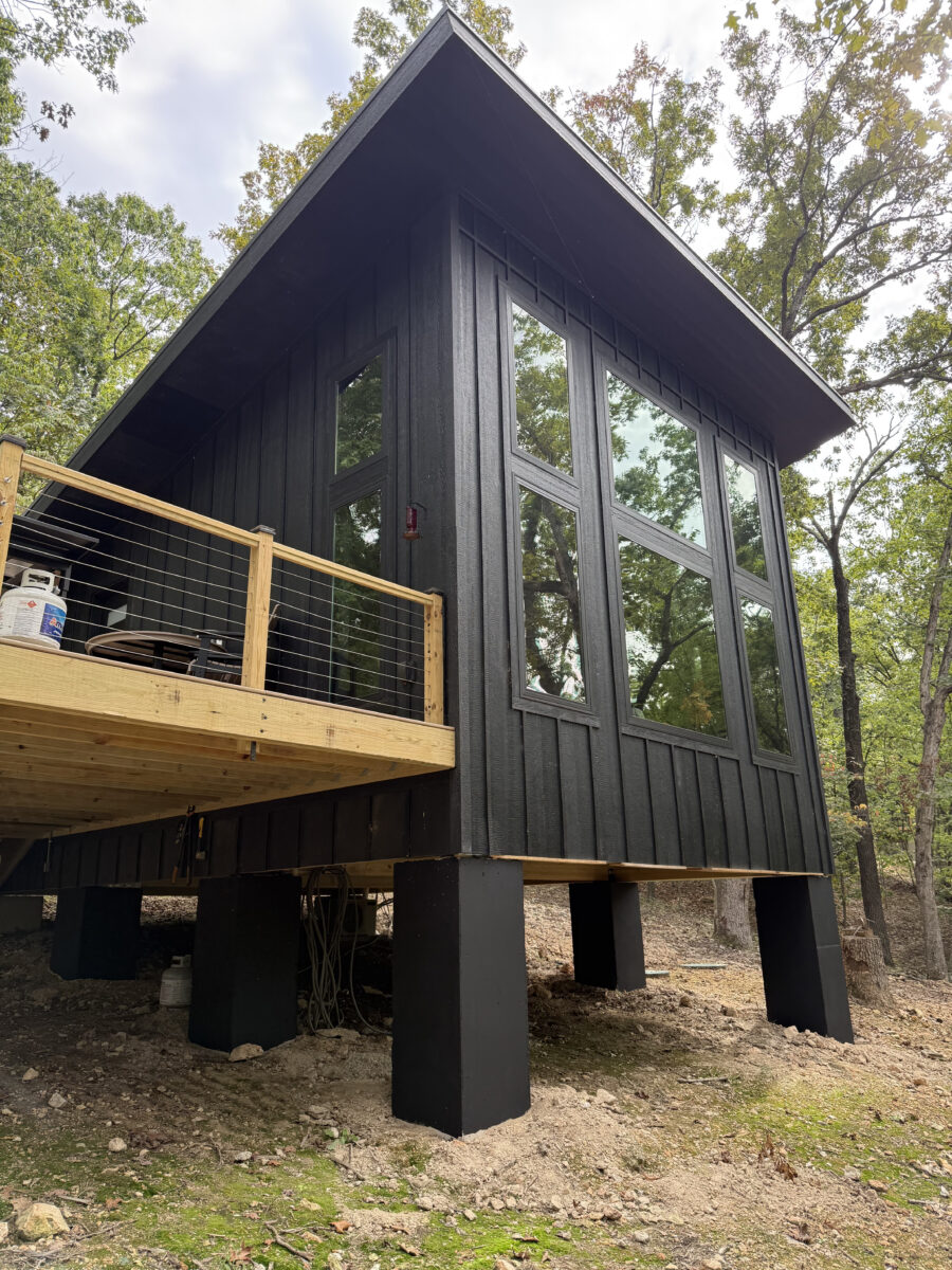 The outside of a treehouse cabin.