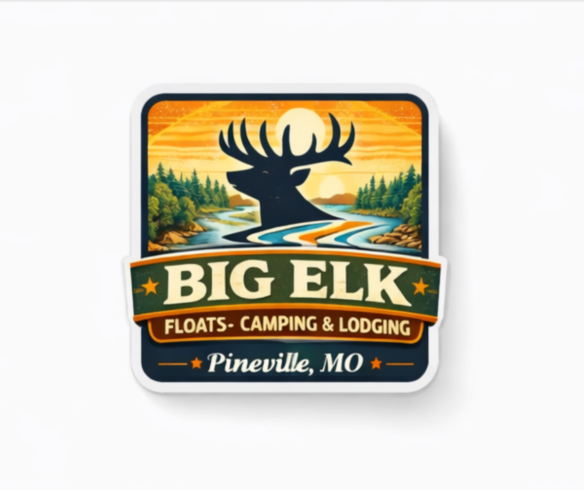 A graphic promoting Big Elk Floats, Camping and Lodging in Pineville, Missouri, depicting an elk and a waterway.