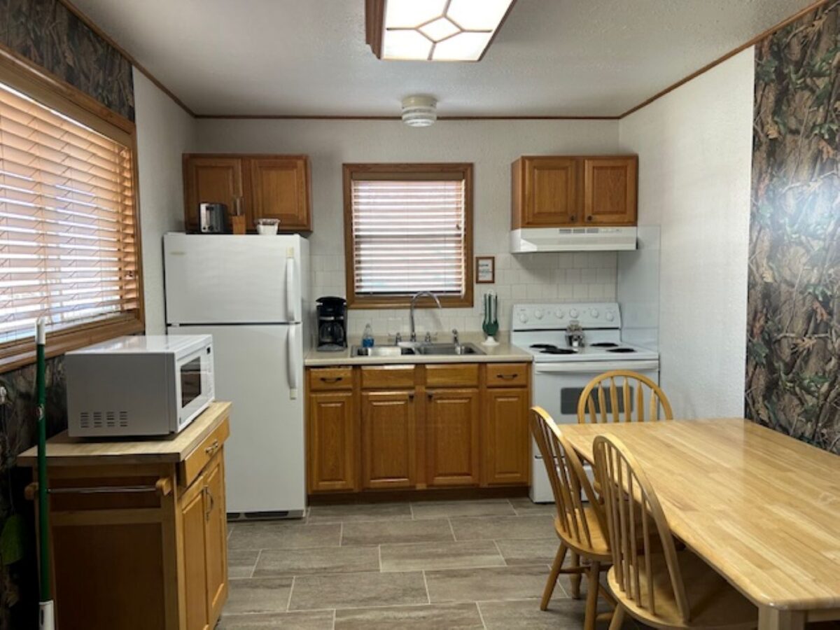 A furnished rental cabin kitchen.