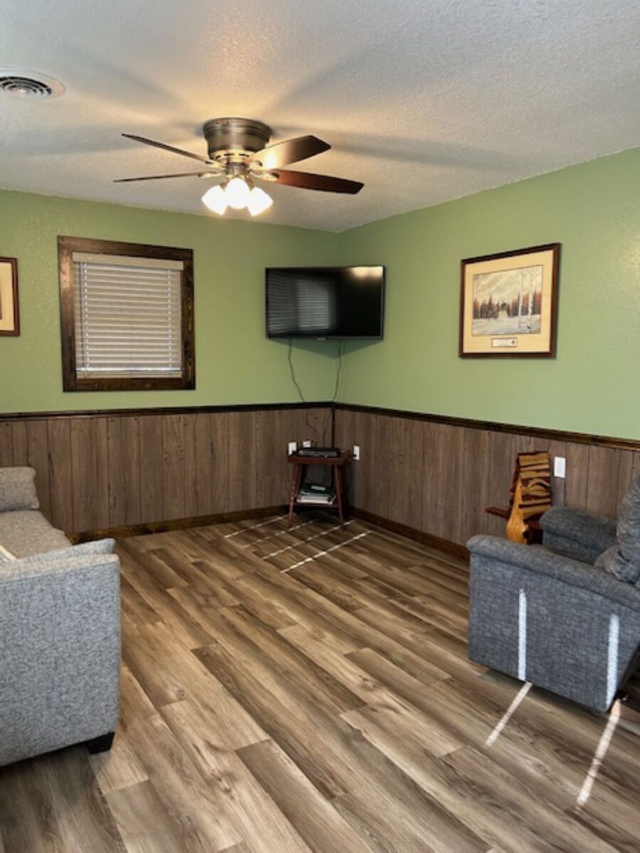 A furnished rental cabin living room.