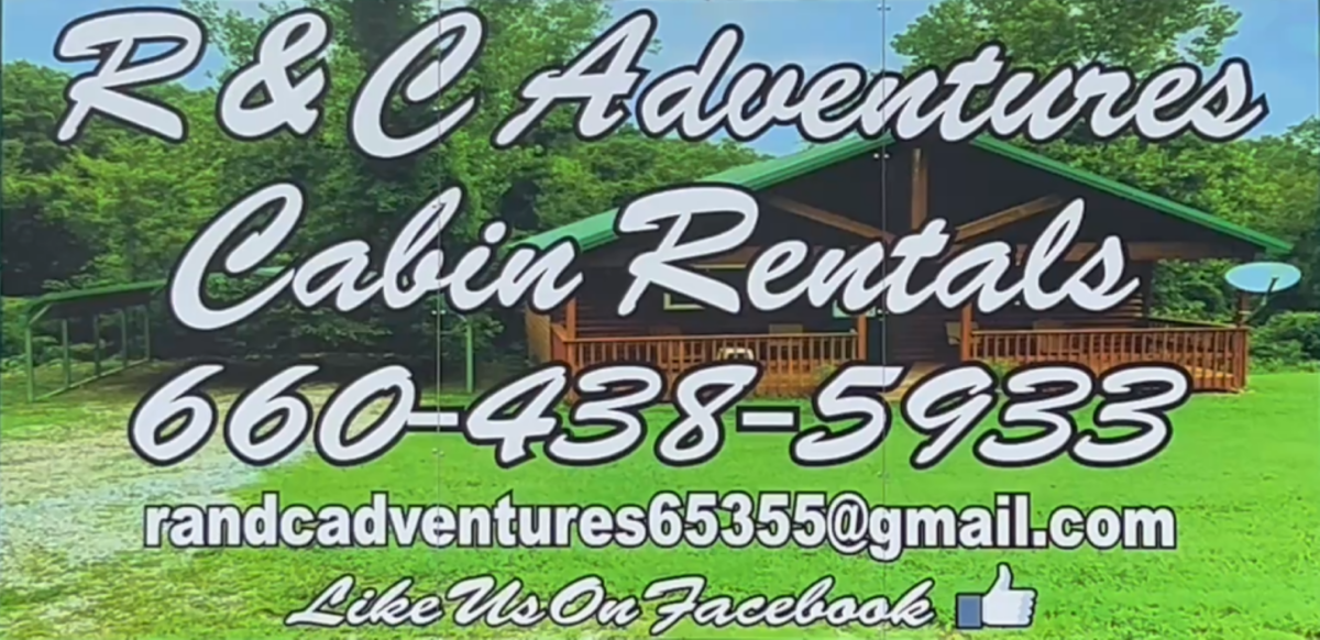 A graphic advertising R&C Adventures Cabin rentals, featuring contact information like 660-438-5933 and randcadventures65355@gamil.com.