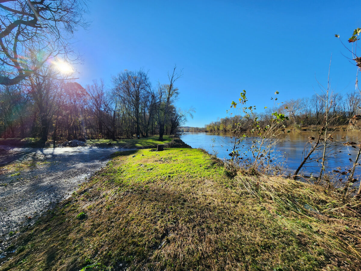 A grassy bank and bright blue water under a bright sun.