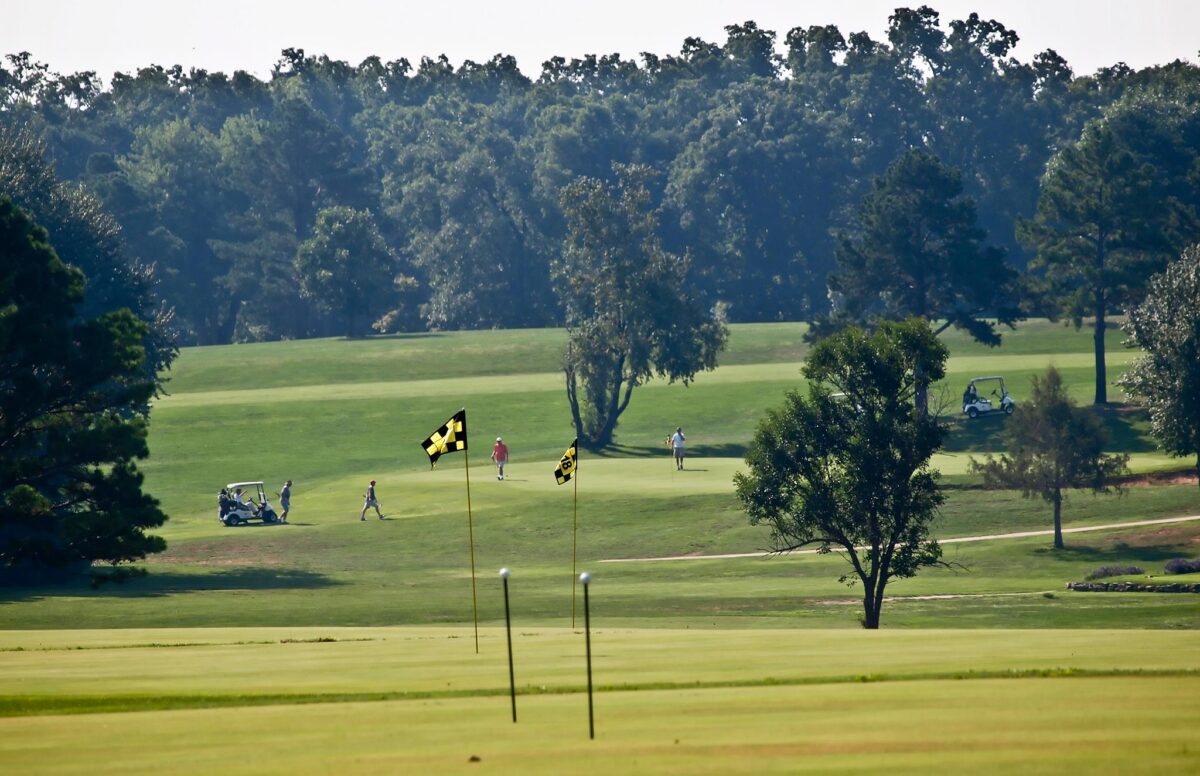 An outdoor view of a rolling green golf course under a sunny sky. Yellow and black checkered flags mark the holes, and several golfers and carts are scattered across the fairways, bordered by a dense line of trees.