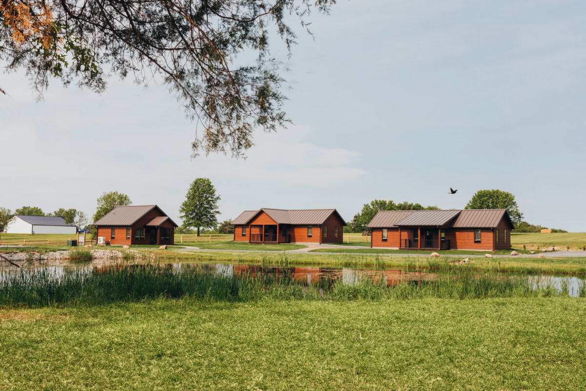 View of 3 log cabins across a pond.