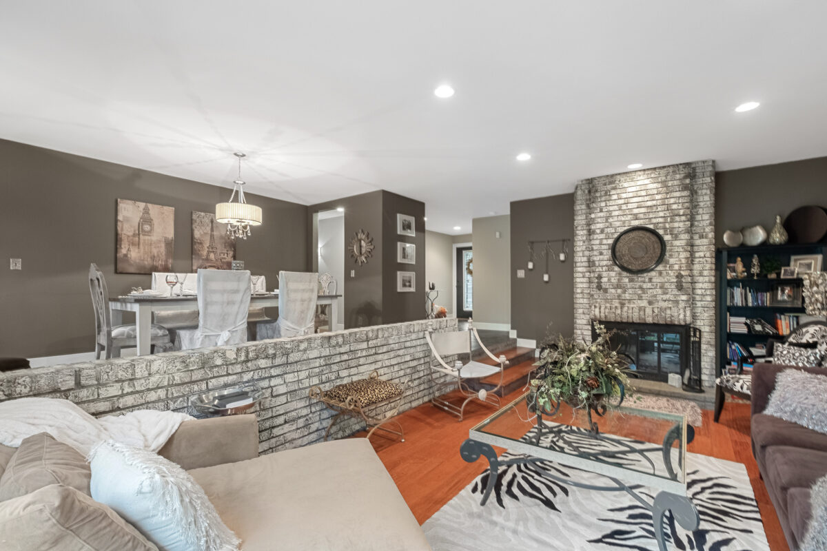 A bright living and dining space.