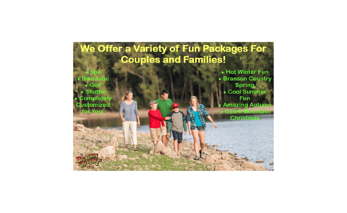 Family walking along the lake shore with text letting you know that BCT offers a variety of packages including spa, golf, romantic, shuttle, Spring & Summer, Autumn & Christmas or completely customized for you.