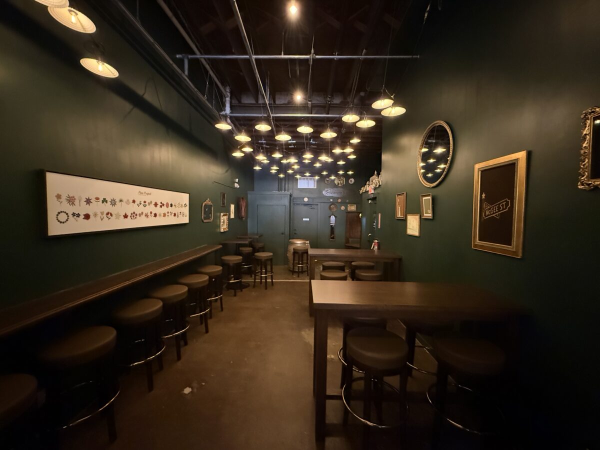 Bar space with tables, chairs and stools.