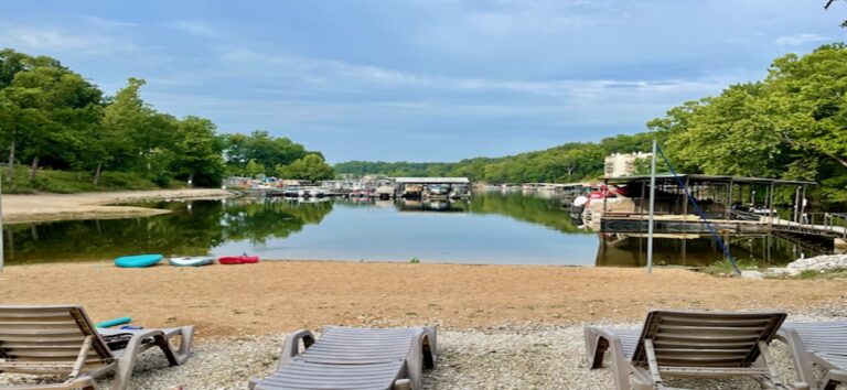 Chairs and sand in front of a body of water and trees.