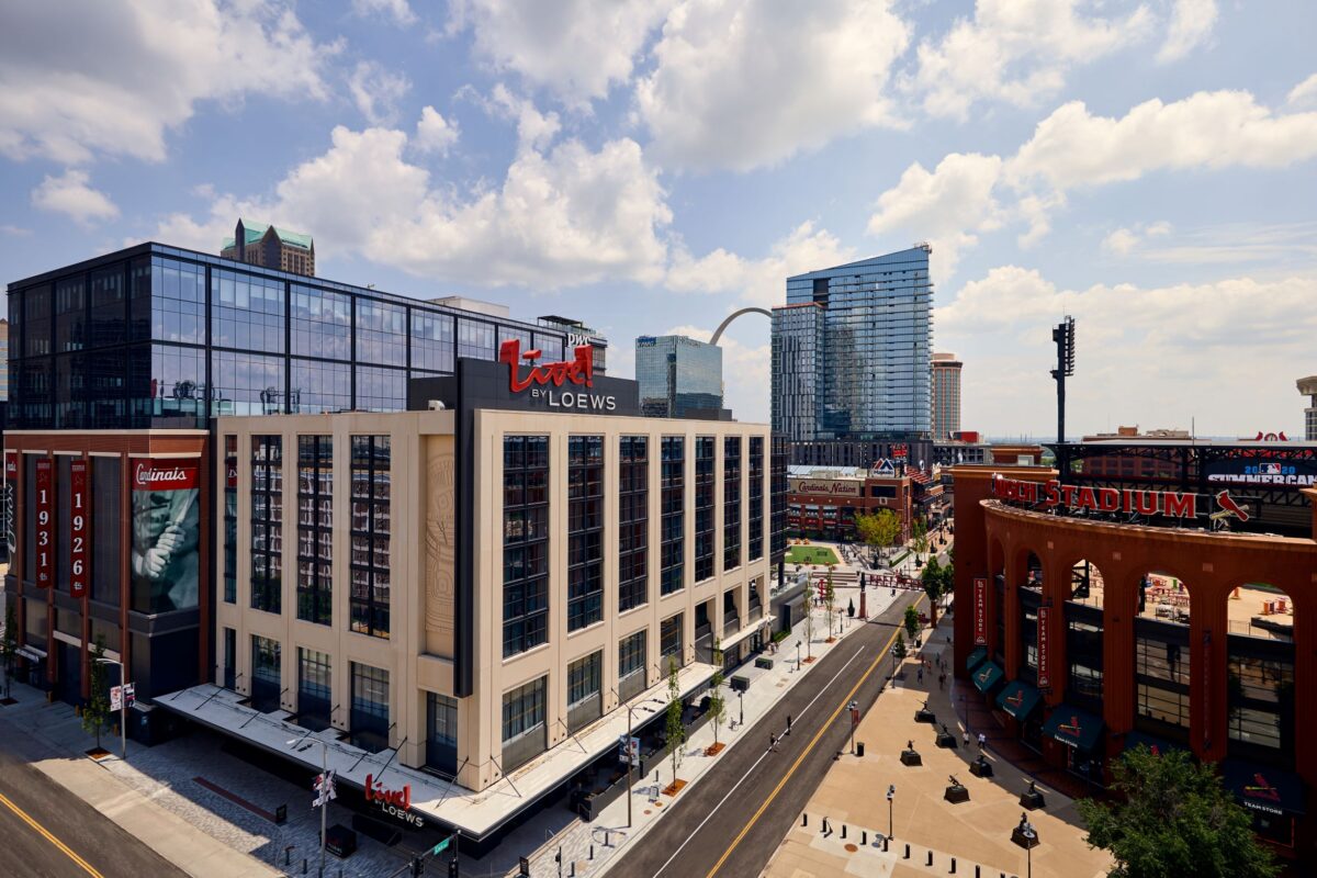 An aerial view of buildings in the St. Louis skyline.