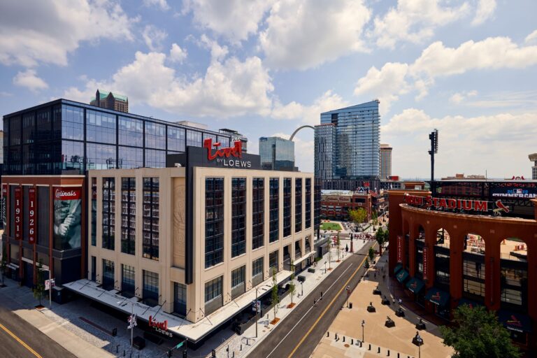 An aerial view of buildings in the St. Louis skyline.