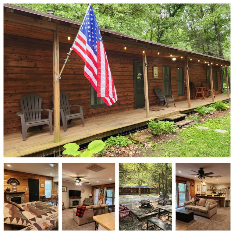 The inside and outside of a getaway cottage.
