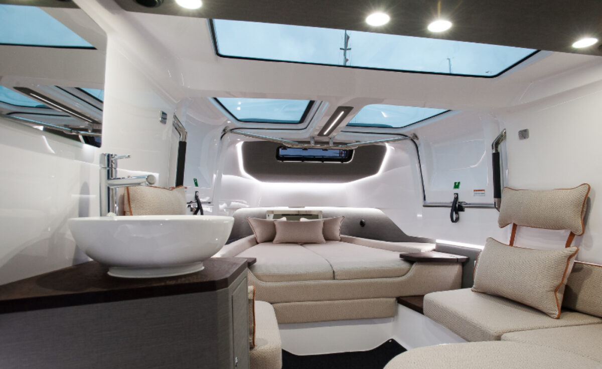 The interior of a brightly-lit boat.
