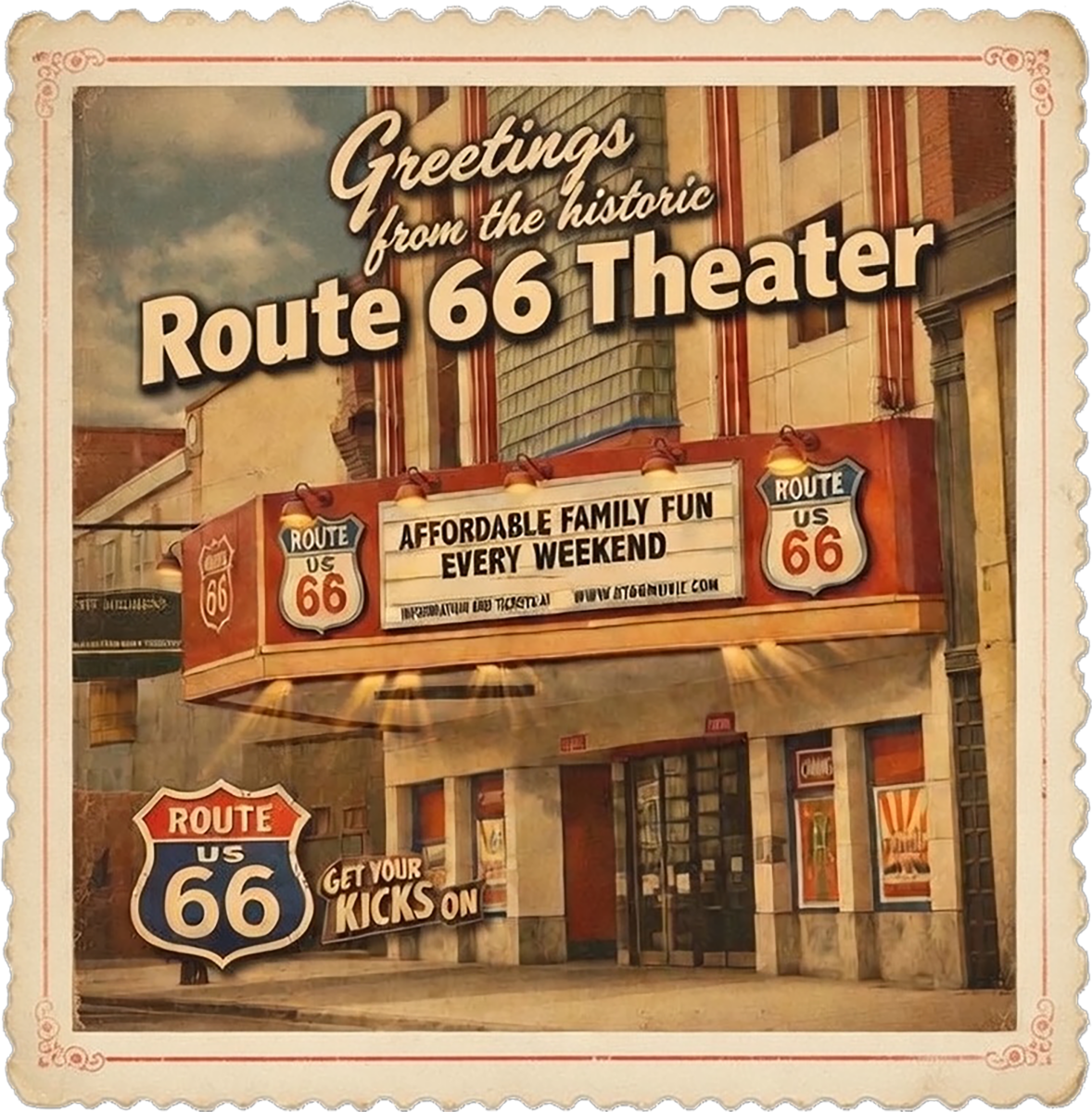 Square Vintage Postcard image of the Route 66 Theater in downtown Webb City.