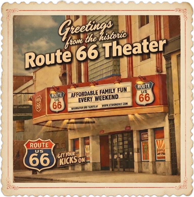 Square Vintage Postcard image of the Route 66 Theater in downtown Webb City.