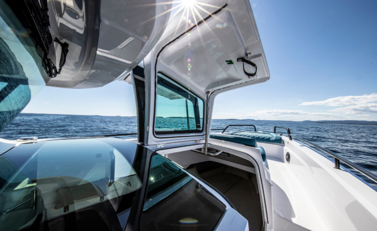 The exterior of a boat on the water.