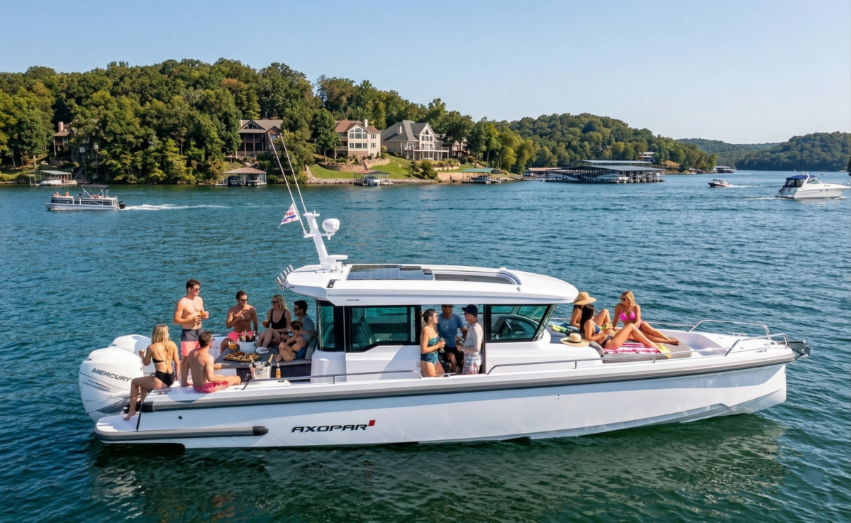 Several people on a boat out on a body of water.
