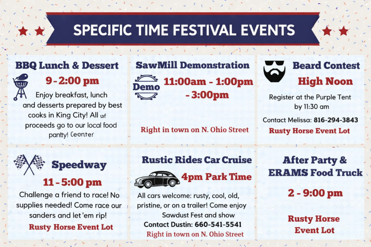 A colorful blue and red poster advertising Sawdust Fest.