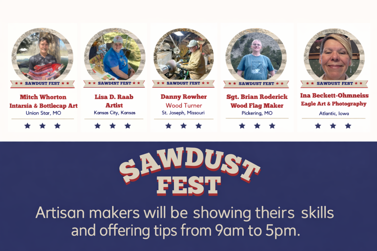 A colorful blue and red poster advertising Sawdust Fest.