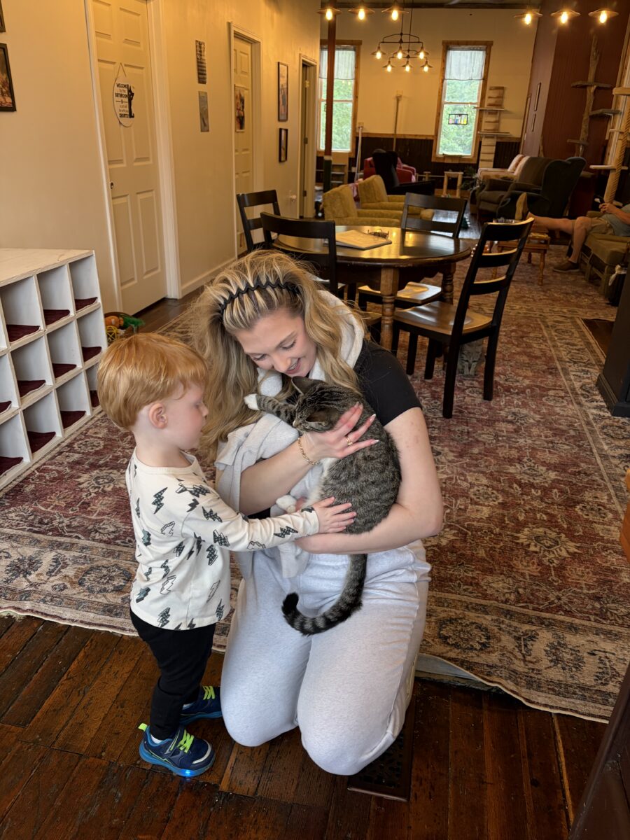 A woman and child interact with a cat.
