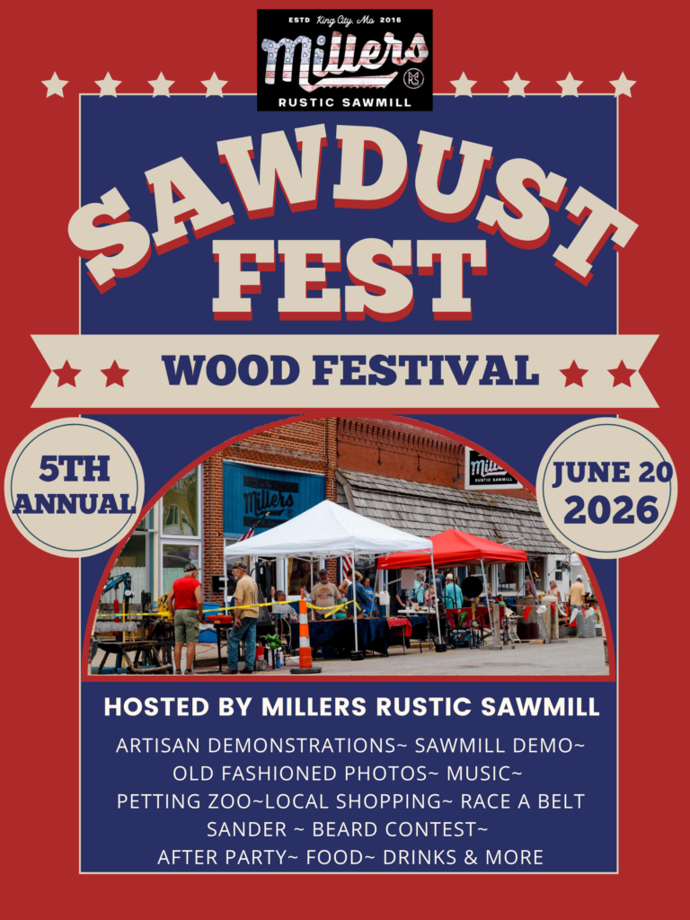 A colorful blue and red poster advertising Sawdust Fest.